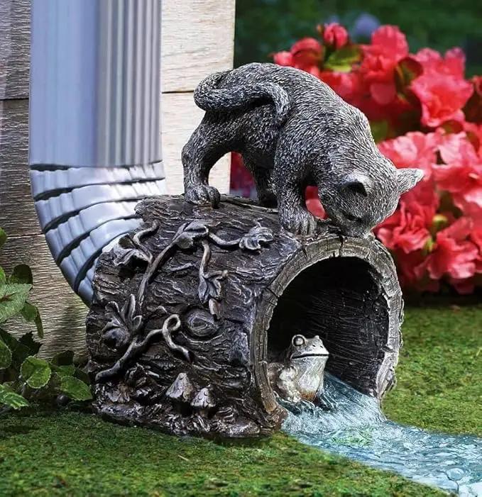 Gutter Downspout Extension - Downspout Splash Block - Downspout Diverter Garden Statue (Playful Chasing Kitty and Frog) by GreenHaven Gardens