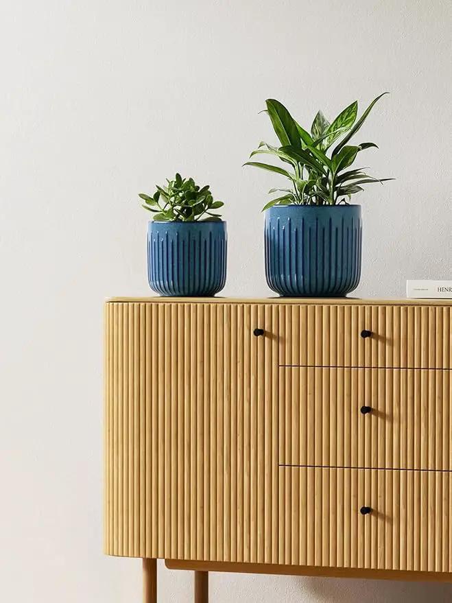 LE TAUCI Fluted Ceramic Planters Set of 3 – 8.3/7 / 5.7 in Ocean Blue Reactive Cylinder Indoor Plant Pots with Drainage Plug & Mesh, Glossy Stoneware Flower Pots for Succulents Herbs by GreenHaven Gardens