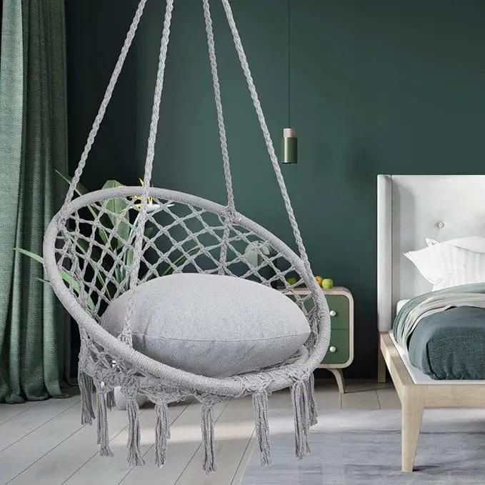 Y- STOP Hammock Chair Macrame Swing, Max 330 Lbs, Hanging Cotton Rope Hammock Swing Chair for Indoor and Outdoor Use, Light Grey by GreenHaven Gardens