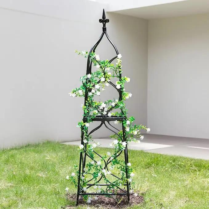 Obelisk Trellis for Garden - 38.3" x 10.03" Durable Metal Climbing Support for Roses, Vines & Flowers | Elegant Black Design with Decorative Top & Hollow Sides by GreenHaven Gardens