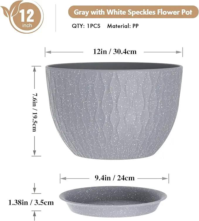 12 Inch Wide Water Ripples Flower Pots for Indoor or Outdoor Plants, Large Plant Pots with Drainage Holes & Saucer, Plastic Planters Set for Garden & Home Decor (Grey with White Speckles) by GreenHaven Gardens
