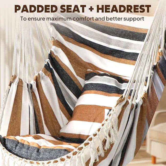Chihee Hammock Chair Hanging Swing 2 Pillows Included,Strong Webbing Straps and Hooks for Easy Hanging Soft Cotton Hanging Chair Side Pocket Tassel Chair Comfort Indoor Outdoor Brown Stripes by GreenHaven Gardens