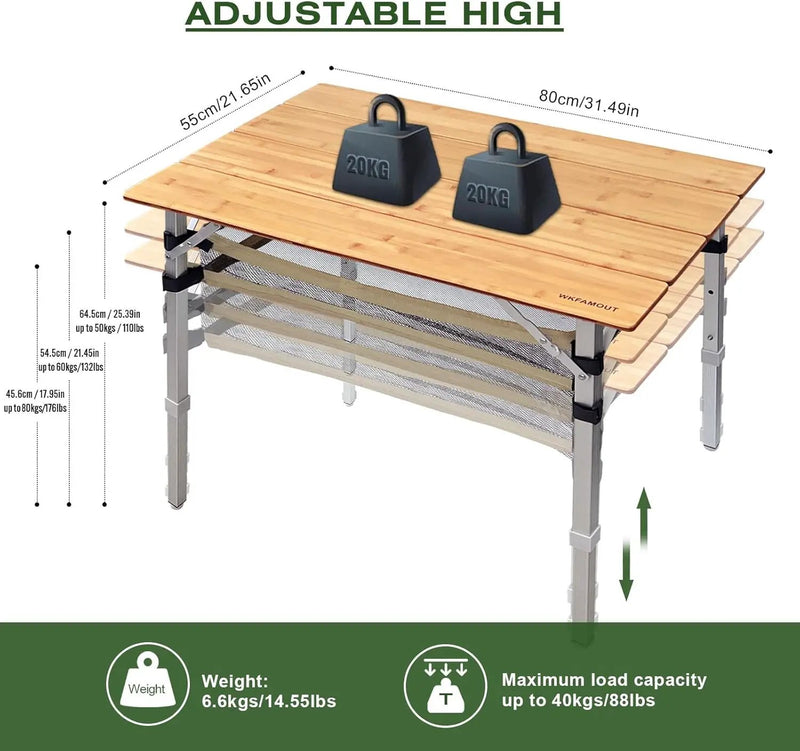 Bamboo Folding Camping Table 4 Folds with Adjustable Aluminum Legs Portable Picnic Table with Storage and Carry Bag for Outdoor Hiking Beach 2-4 Person by GreenHaven Gardens