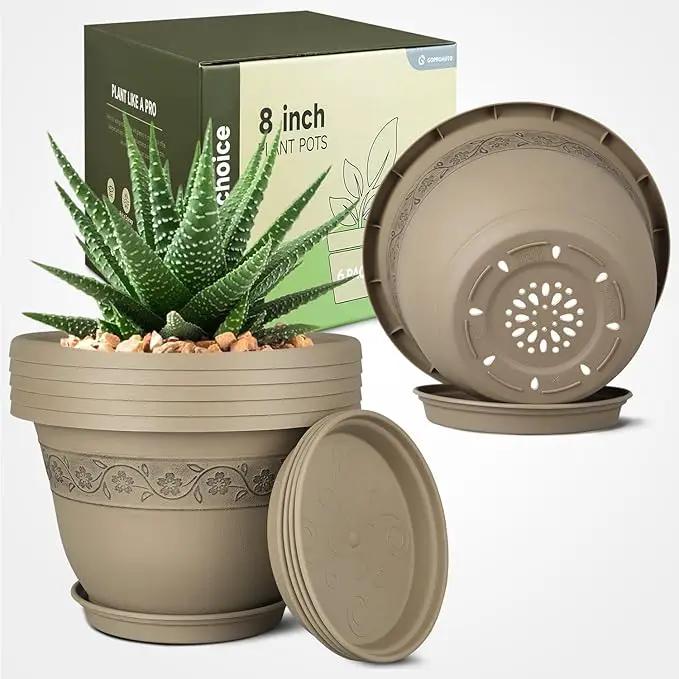 8 Inch Plant Pots with Drainage Hole - Lightweight Flower Pots for Herbs and Flowers - Home Decor Plastic Planters for Indoor Outdoor Plants- Pack of 6 (Brown, 8 inch) by GreenHaven Gardens