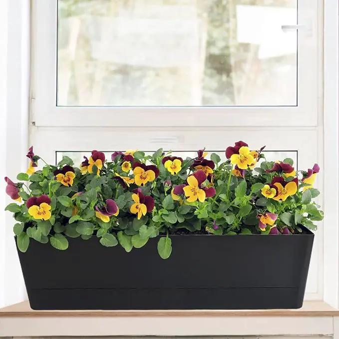 GREANER Rectangle Window Boxes, 6PCS 16x3.8 Inch Black Herb Planters with RemovableTray and Drainage Hole, Succulent Flowers Plastic Pot for Balcony, Office, Windowsill, Garden, Outdoor Decoration Use by GreenHaven Gardens