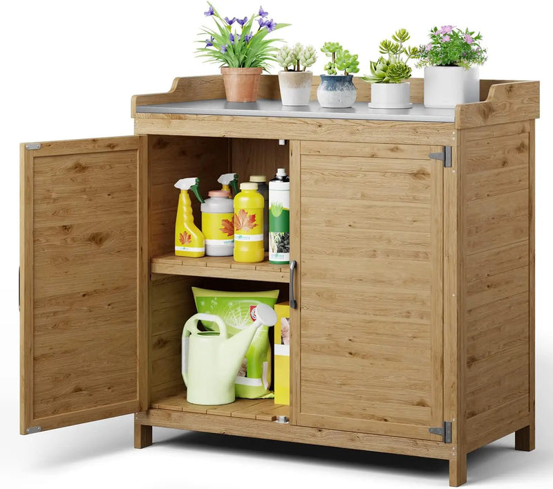 Gizoon Outdoor Potting Bench with Metal Tabletop, Outdoor Garden Patio Wooden Storage Cabinet with Adjustable Shelf, Double Doors Garden Work Bench for Backyard, Patio, Lawn - Natural by GreenHaven Gardens