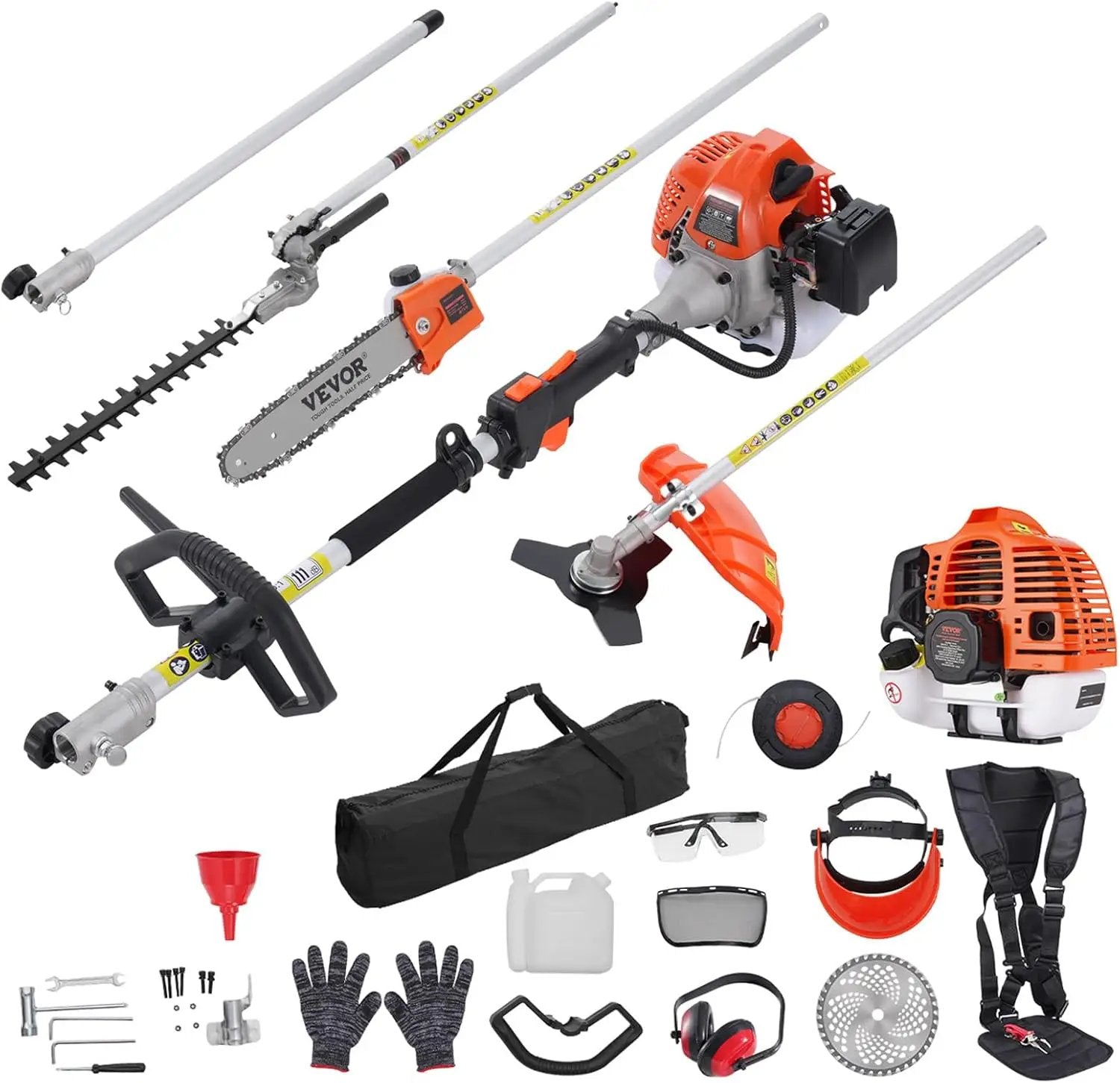 VEVOR 43cc 6-in-1 Multi-Functional Trimming Tool, Hedge Trimmer, Weed Eater, String Trimmer, Brush Cutter, Edger, Pole Saw Chainsaw Pruner with Extension Pole, w/EPA, CE and EMC Certification by GreenHaven Gardens