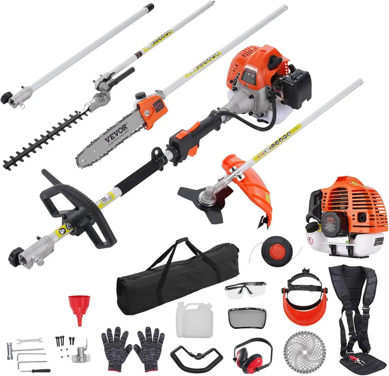 VEVOR 43cc 6-in-1 Multi-Functional Trimming Tool, Hedge Trimmer, Weed Eater, String Trimmer, Brush Cutter, Edger, Pole Saw Chainsaw Pruner with Extension Pole, w/EPA, CE and EMC Certification by GreenHaven Gardens