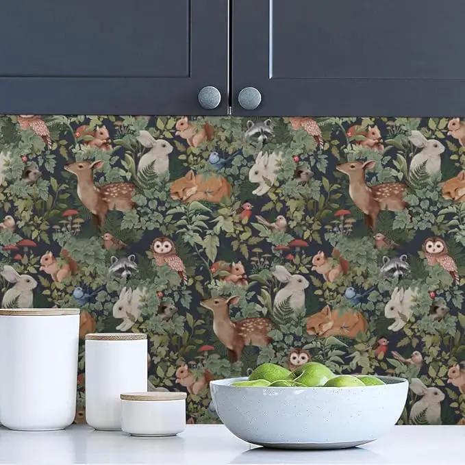 Green Plants Leaf Animal Forest Deer Rabbits Squirrel Owl Peel and Stick Wallpaper Self Adhesive Removable Easy Peel Off Contact Stick on Wall Paper for Bedroom Cabinet Renter Friendly by GreenHaven Gardens