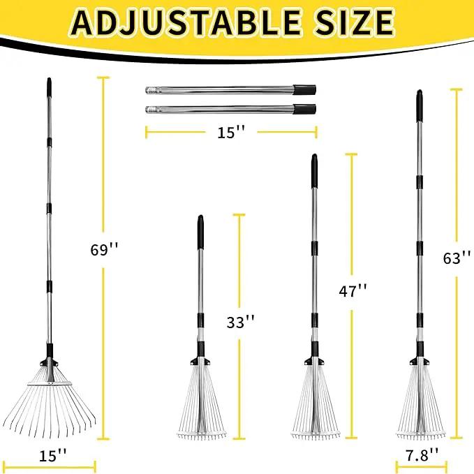 2 Pack Garden Rake for Leaves,Heavy Duty Metal Adjustable Leaf Rake for Lawns,Long Handle 33"-69" with Expandable Head 8"-15",Garden Tools for Yard Lawn Shrub Garden Beds by GreenHaven Gardens
