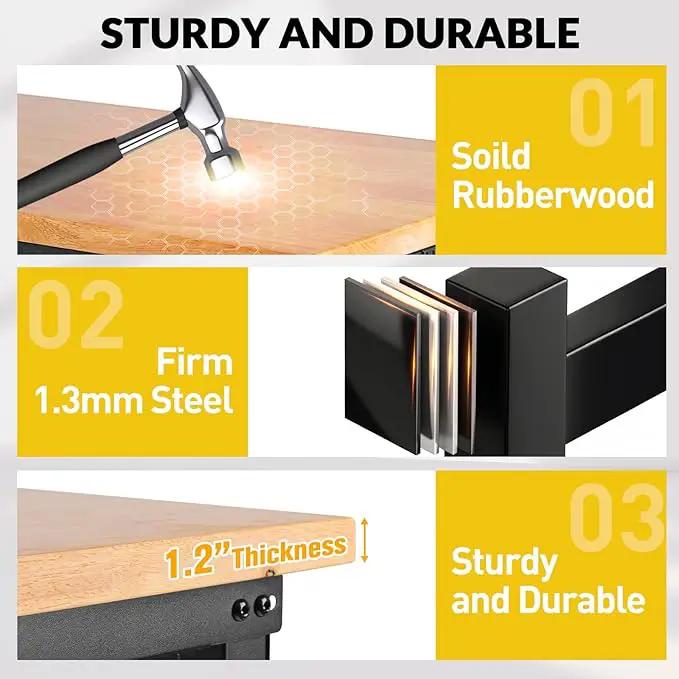 48“ Adjustable Height Workbench Work Bench for Garage Work Table with Under Table Shelf Heavy Duty Rubber Wood Top for Shop Woodworking, Office, Home, Commercial by GreenHaven Gardens