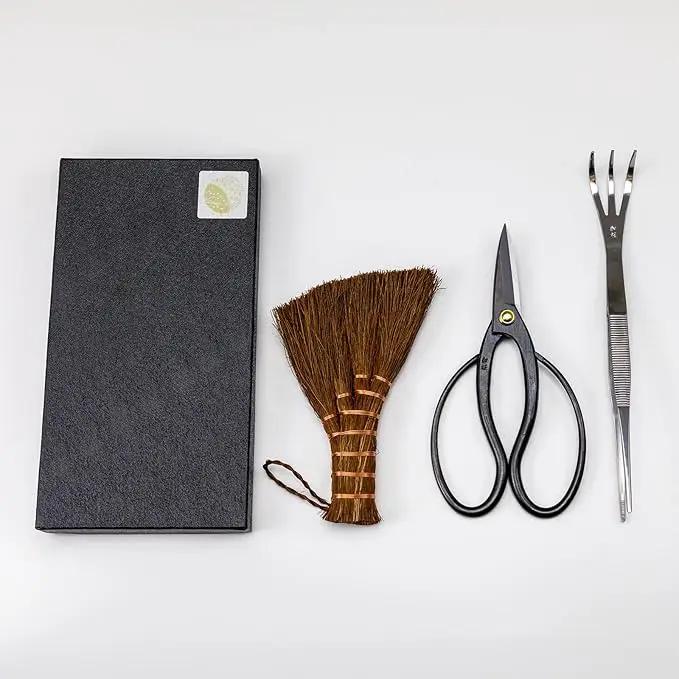 Wazakura Japanese Bonsai Garden 3PCS Tool Starter Kit, Made in Japan, Traditional Bonsai Scissors, Stainless Tweezers with Rake, Chinese Broom. Beginner Set wit Tweezers, Shears and Brush by GreenHaven Gardens