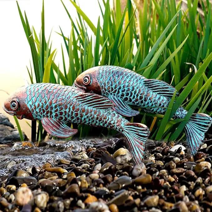 Garden Statues, Koi Fish Decor, Set of 2 Antique Koi Fish Garden Statue,Fish Sculpture Garden for Outdoors, Patio Decor, Backyard and Home Kitchen Decoration by GreenHaven Gardens