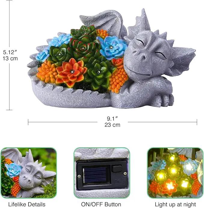 Solar Dragon Statue with Succulent Lights - Dragon Garden Sculptures & Statues，Garden Decor for Outdoor Yard Art Ornaments 9.1inch (Gray) by GreenHaven Gardens