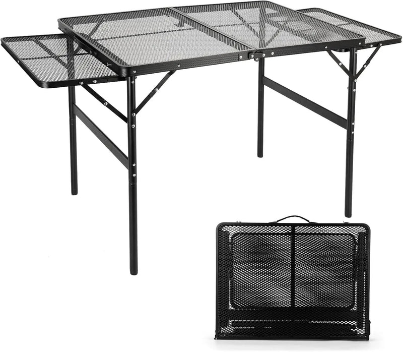 Grill Table 3FT+1.4 FT Folding Table with 2 Wing Panels with Mesh Desktop 2 Height Adjustable Portable Grill for Outdoor Indoor Beach BBQ Picnic Travel RV Black by GreenHaven Gardens