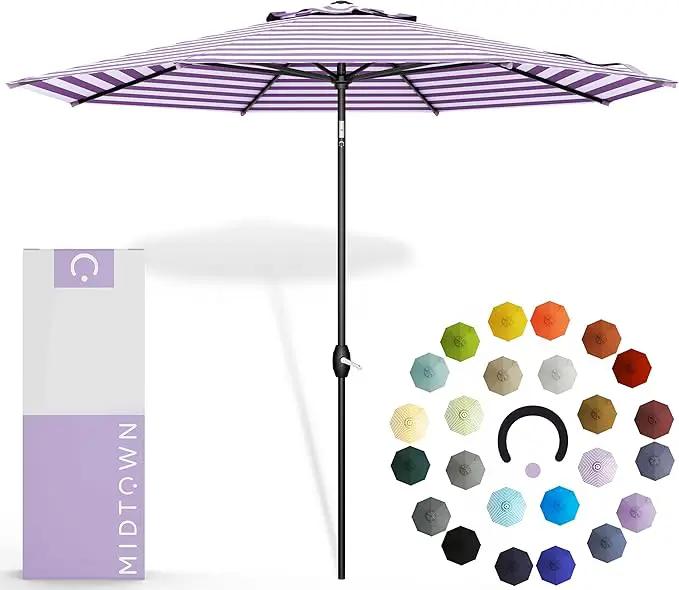 Midtown Umbrellas 10-Year-No-Fade - 8 Ft - UV Proof Purple/White Stripes Fabric - Umbrella Outdoor Patio, Auto-Tilt Aluminum Frame Patio Umbrella for Garden, Pool & Deck - Black Pole by GreenHaven Gardens