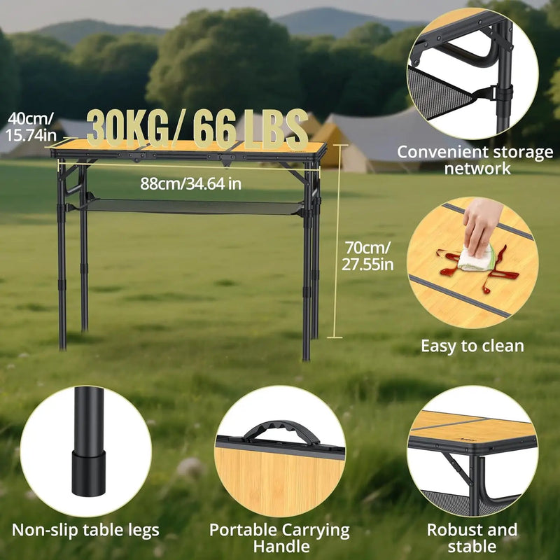 3ft Camping Table Foldable with Storage Net and Bag, 3 Adjustable Heights High 27.5" Aluminum Camping Table, Portable, for Outdoor Indoor Backyard BBQ Cooking Party Picnic Beach, Yellow by GreenHaven Gardens