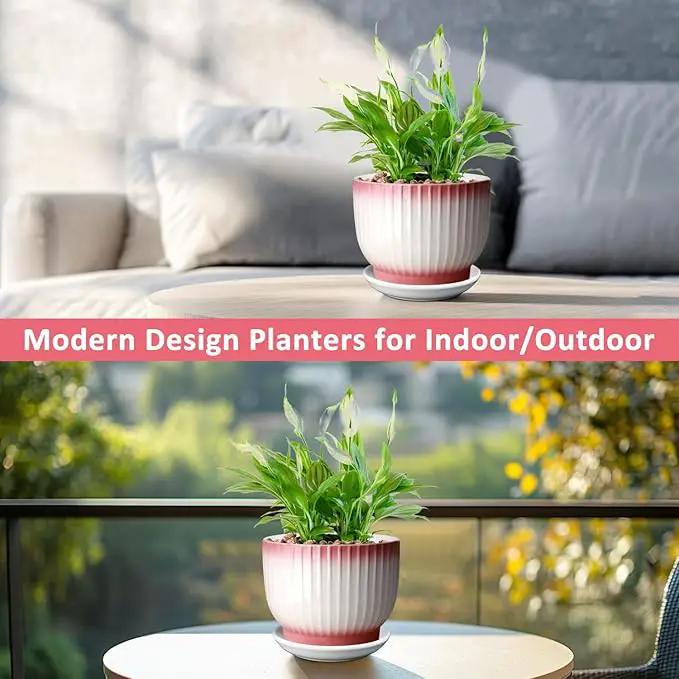 8 Inch Plant Pot, Ceramic Planter with Drainage and Saucer, Ceramic Pots for Plants, Indoor Plant pots,Flower pots(Pink + White, Plants NOT Included) by GreenHaven Gardens