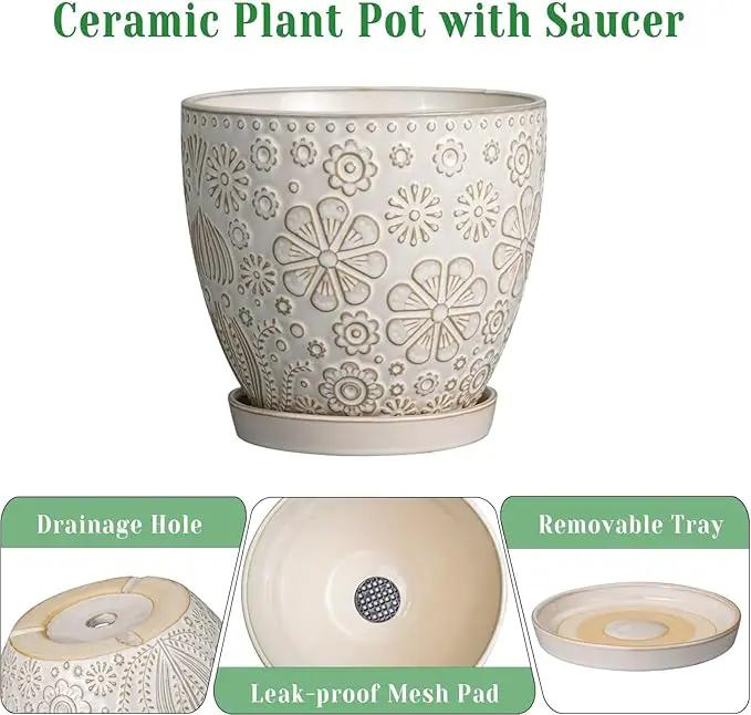 Ceramic Planter 8 Inch Plant Pot with Drainage Hole and Saucer Ceramic Pots for Indoor Plants Outdoor Large Flower Pot for Home Decor White by GreenHaven Gardens