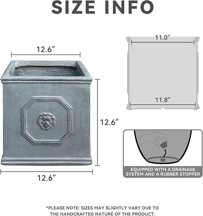 Kante Square Lion Head Concrete Planter, Classic English Style Plant Pot with Drainage Hole and Rubber Plug for Indoor Outdoor Garden Patio Home, 12.6"x12.6"x12.6" Gravel Gray by GreenHaven Gardens