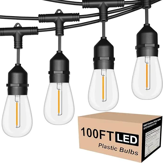 Outdoor String Lights LED 100FT Commercial Grade Heavy Duty Light String Lights with 30 Sockets 32 Shatterproof Plastic Bulbs Include 2 Spare S14 Dimmable Edison Bulbs Patio Market Cafe Light by GreenHaven Gardens