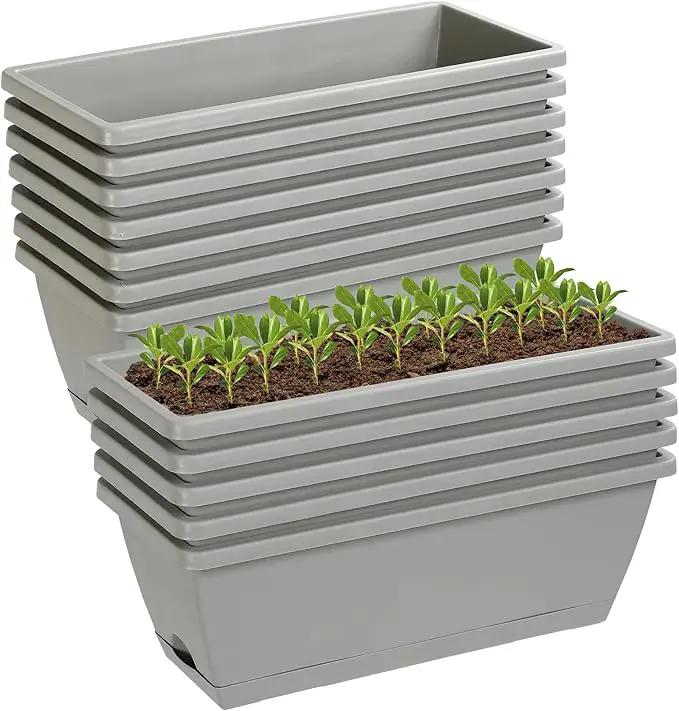 12Pcs 17Inches Rectangle Planter Box with Drainage Holes and Trays Plastic Planters Flower Boxes Pots for Indoor Outdoor Plants Patio Garden Home Decor Porch Yard (Gray) by GreenHaven Gardens
