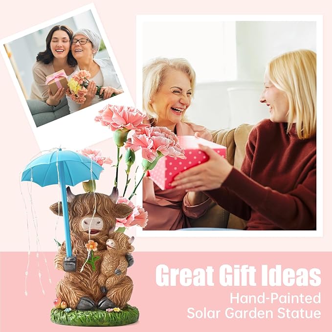Solar Garden Statues Resin Loving Highland Cow Umbrella Lights Outdoor Decor Gifts for Yard, Patio Decorations by GreenHaven Gardens