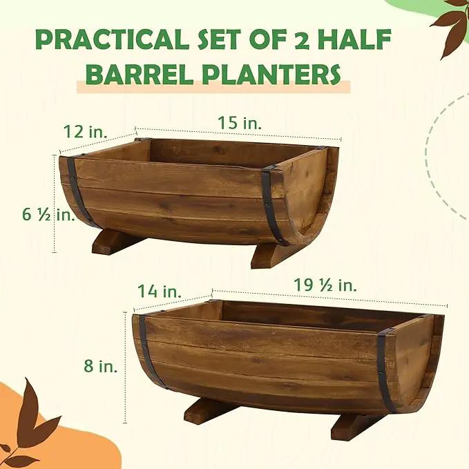 IDZO Solid Acacia Wood Half Barrel Planters Outdoor Set of 2 Different Sizes, Wooden Planters for Outdoor Plants with Metal Bands & Drainage Holes, Legs Included, Brown by GreenHaven Gardens
