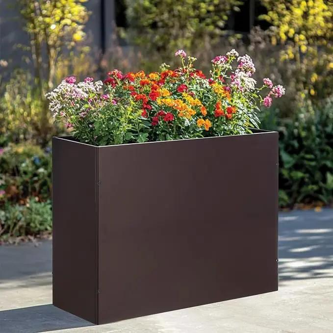 Metal Rectangular Planter Box Tall Planters for Outdoor Plants Modern Heavy Duty with Drainage Holes for Outside Indoor Patio Deck - Brown, 32”x 12”x 24” by GreenHaven Gardens