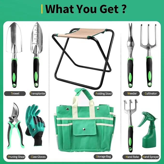 9 PCS All-in-one Garden Tools Set, Heavy Duty Cast-Aluminium Alloy Gardening Tools Kit with Folding Stool Seat&Detachable Canvas Tool Bag , Non-Slip Rubber Grip, Outdoor Hand Tools by GreenHaven Gardens
