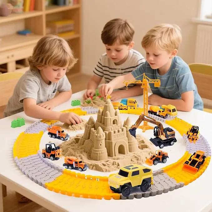 Sand Construction Kit, 2.2lbs Play Sand with Sandbox, 1 Toy Mat 8 Alloy Construction Trucks Race Tracks 10 Sand Molds Sensory Bin Toys for Toddlers Boys Girls Ages 3-8 by GreenHaven Gardens