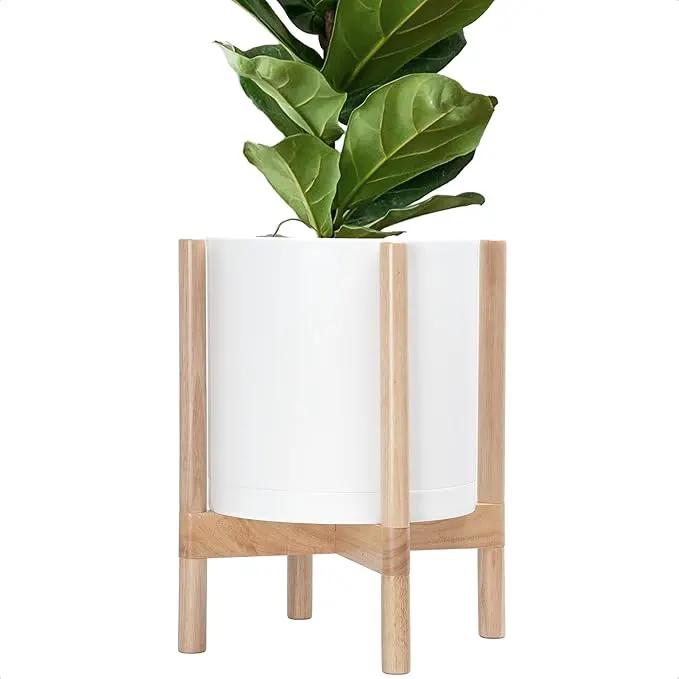 D'vine Dev Planter Pot with Stand - 12 Inch Plastic Cylinder Flower Pot with Wood Planter Holder for Indoor, Matte White Pot + Natural Stand, 55-C-P-1 by GreenHaven Gardens