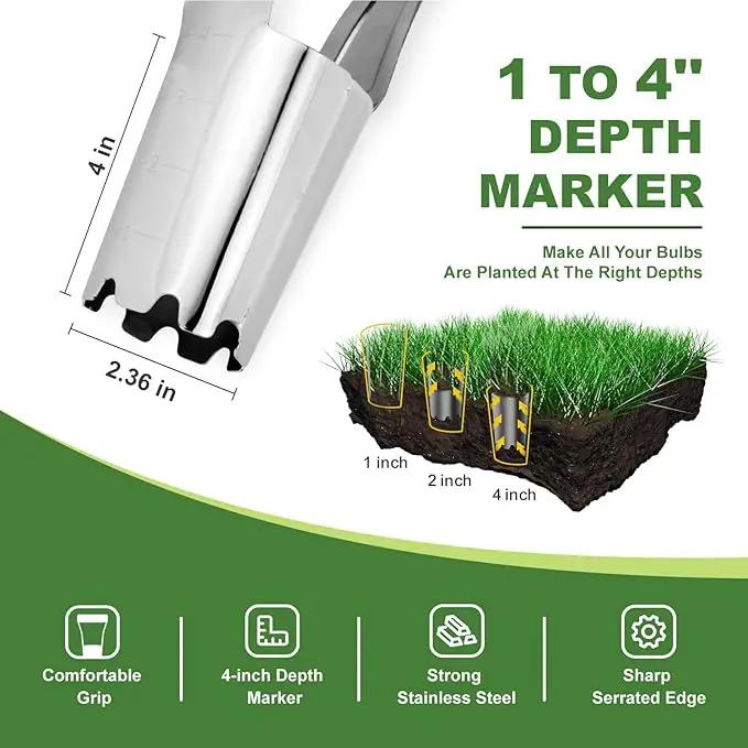 Haliaeetus Bulb Planter Tool, 4 inches Depth Mark Hand Bulb Planter, Non-Bending Stainless Steel Bulb Planter Digger, Garden Bulb Transplanter with Comfortable Wood Handle for Planting Tulip, Daffodil by GreenHaven Gardens