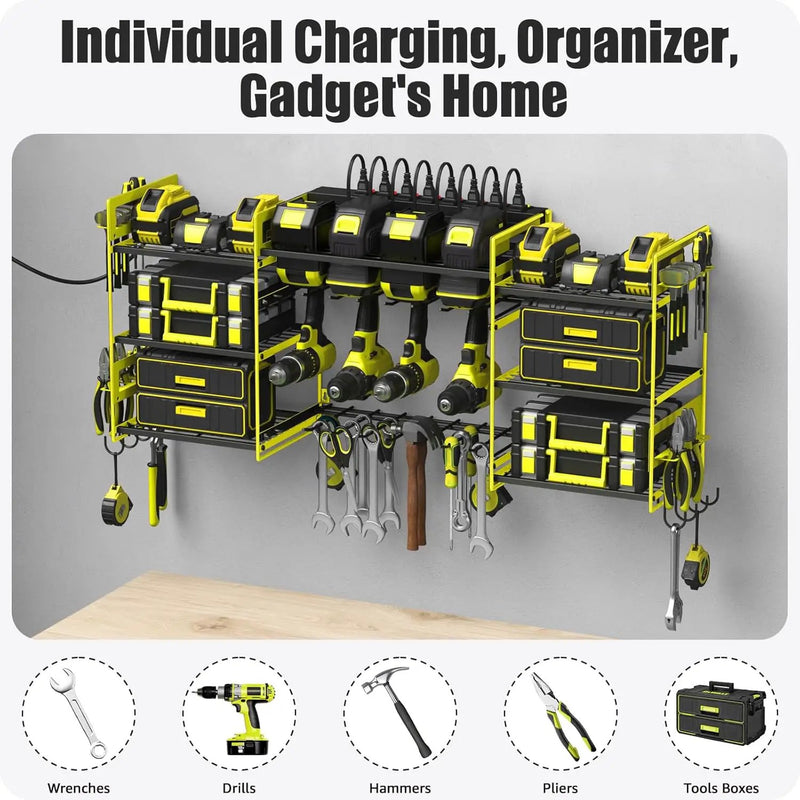 CCCEI Green Power Tool Organizer Wall Mount, Large Tools and Battery Storage Rack Charging Station Individual Switches. Drills Holder, Garage Utility Shelves with 6FT Power Strip. Gift for Men. by GreenHaven Gardens