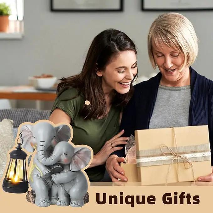 Solar Garden Decor - Mother Baby Elephant Statue with Solar Lantern 7" Resin Elephant Figurines Outdoor Yard Porch Lawn Patio Decor Housewarming Birthday Gift for Mom Grandma Women by GreenHaven Gardens