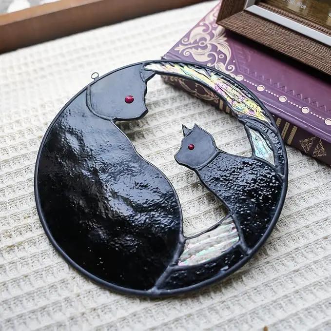 Black Cat Decor Stained Glass Window Hanging,Funny Cat Gifts for Cat Lovers Stained Glass Suncatcher for Window,Two Black Cat Decor Cat Themed Gifts for Women Mom Grandma by GreenHaven Gardens