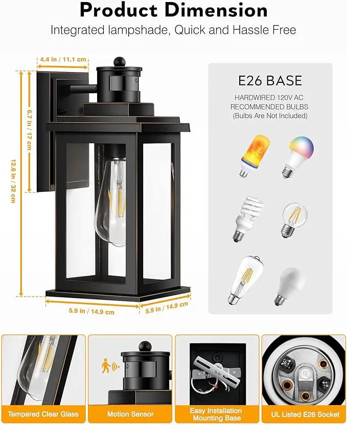 VIANIS 2 Packs Motion Sensor Outdoor Lights for House, Dusk to Dawn Front Porch Light, Black Gold Outdoor Light Fixture Sconce with Tempered Glass for House, Doorway, Entryway,Hardwired, Non-Solar by GreenHaven Gardens