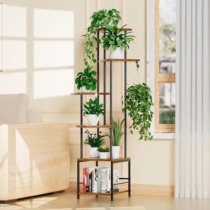 Plant Stand Indoor with Grow Light, 6-Tiered Tall Plant Stand Indoor, Metal Plant Shelf with Hanging Basket Hook and Adjustable Light, Ideal for Living Room, Garden, Patio, （Brown and Black） by GreenHaven Gardens