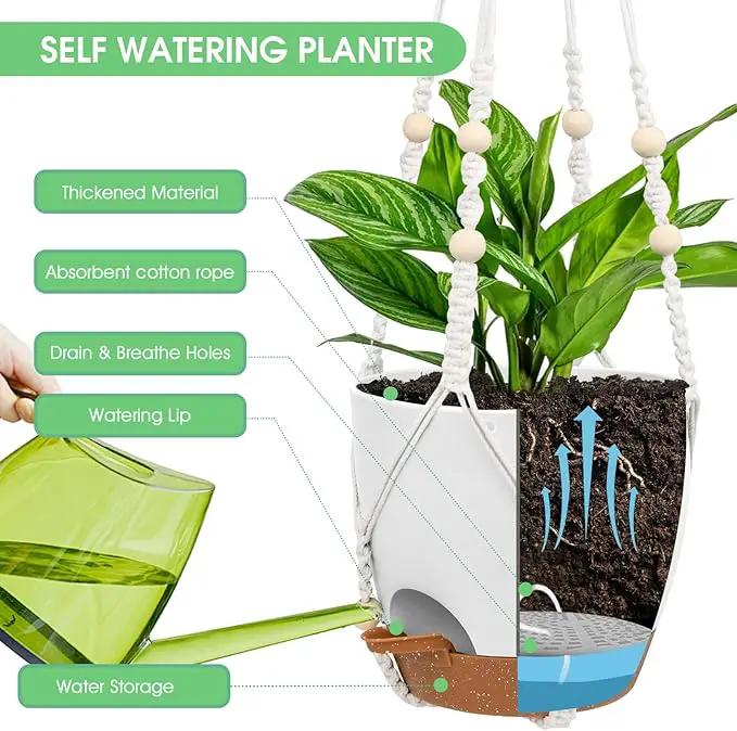 Hanging Planters for Indoor Outdoor Plants, 2 Pack Self Watering Hanging Pot with Drainage Holes, Removable Tray & 2 Kinds of Plant Hangers, 8'' Hanging Flower Pots for Home Garden Decor, White by GreenHaven Gardens