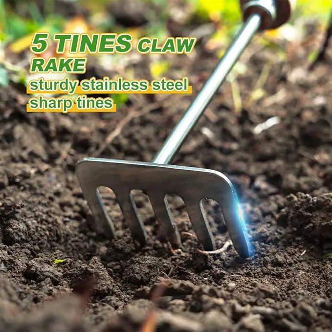 Berry&Bird Premium Hand Rake for Gardening, 5 Tines Hand Tiller Hand Cultivator Small Rake Garden Tool with Wood Handle, Ideal Garden Hand Tools for Digging, Aerating, Weeding and Loosening Soil by GreenHaven Gardens