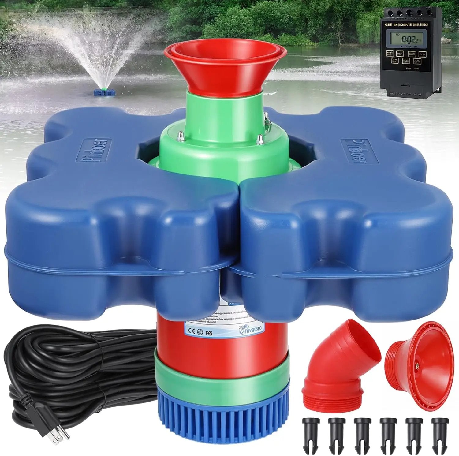 Pond Fountain Aerator with Time Controller-15000 GPH,110V 1HP 750W Floating Fountain Aeration System for Large and Small Ponds,Aerator Water Pump for Outdoor Ponds & Lakes with 15A/100FT Power Cord by GreenHaven Gardens