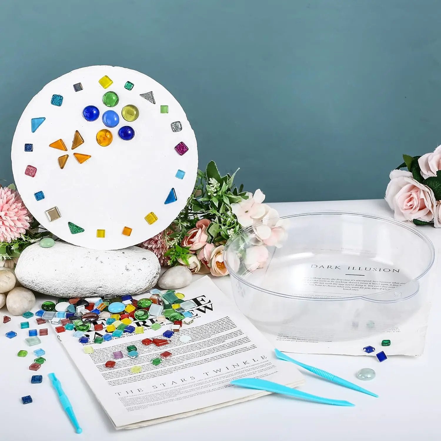 24 Pcs Stepping Stone Kit Includes Concrete Mold, Mosaic Tiles and Carving Tools, DIY Craft Handmade Stepping Stone Kit for Kids, Family, Garden Outdoor Decor, No Concrete Mix (Round,12 Inch) by GreenHaven Gardens