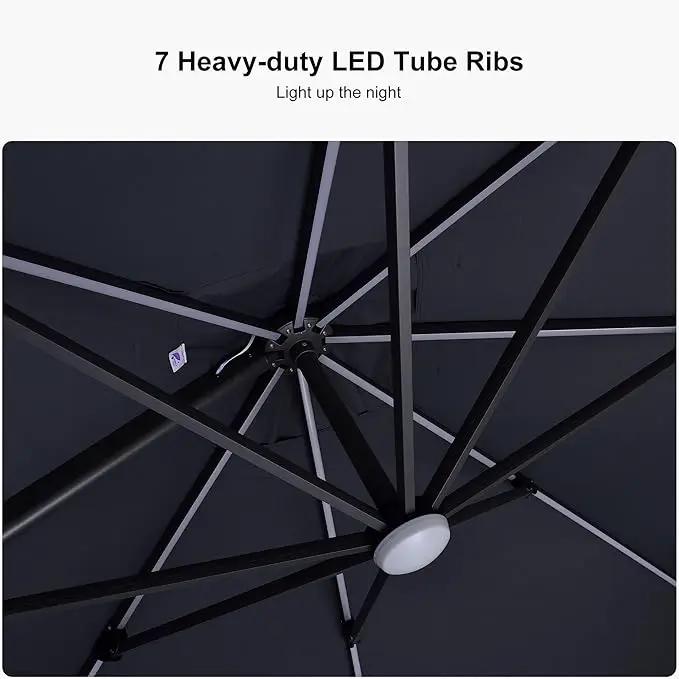 PURPLE LEAF 10 Feet Patio Umbrella with Base Outdoor Cantilever Solar Powered LED Square Umbrella Aluminum Offset Umbrella with 360-degree Rotation for Garden Deck Pool Patio, Grey by GreenHaven Gardens