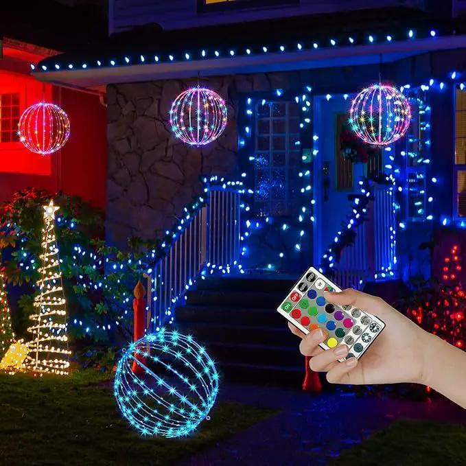 Christmas Ball Sphere 16IN 128LED Hanging Tree Light and Pathway Lights - Foldable Metal Frame, White, RGB by GreenHaven Gardens