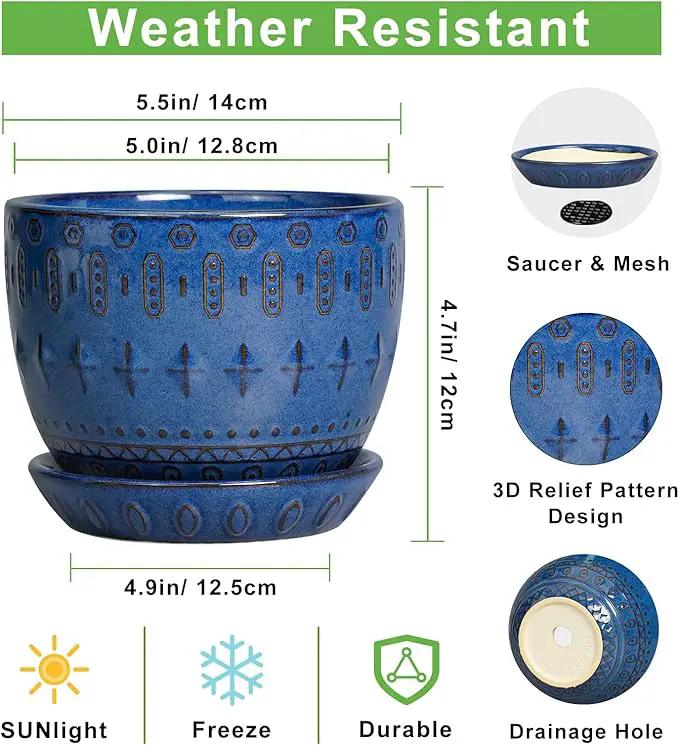 G EPGardening Plant Pot 5 Inch - Ceramic Planter for Indoor Plants Outdoor, Succulent Orchid Pot with Drainage Hole and Saucer, Round Flower Pot for Home Decor, Blue by GreenHaven Gardens