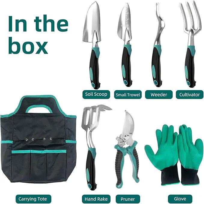 Gardening Tool, Heavy Duty Gardening Hand Tools for Gardener, Gardening Gifts for Women, Men, Heavy Duty Gardening Tools with Storage Tote Bag Non-Slip Rubber Grip, Aluminum Green Gardening Tool Set by GreenHaven Gardens