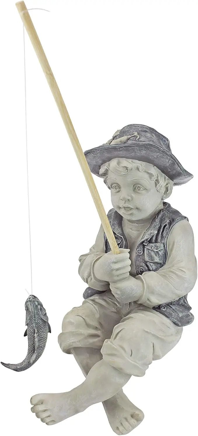 Design Toscano Frederic the Little Fisherman of Avignon Boy Fishing Garden Statue, 15 Inch Tall, Cast Stone Resin, Two Tone Stone Finish by GreenHaven Gardens