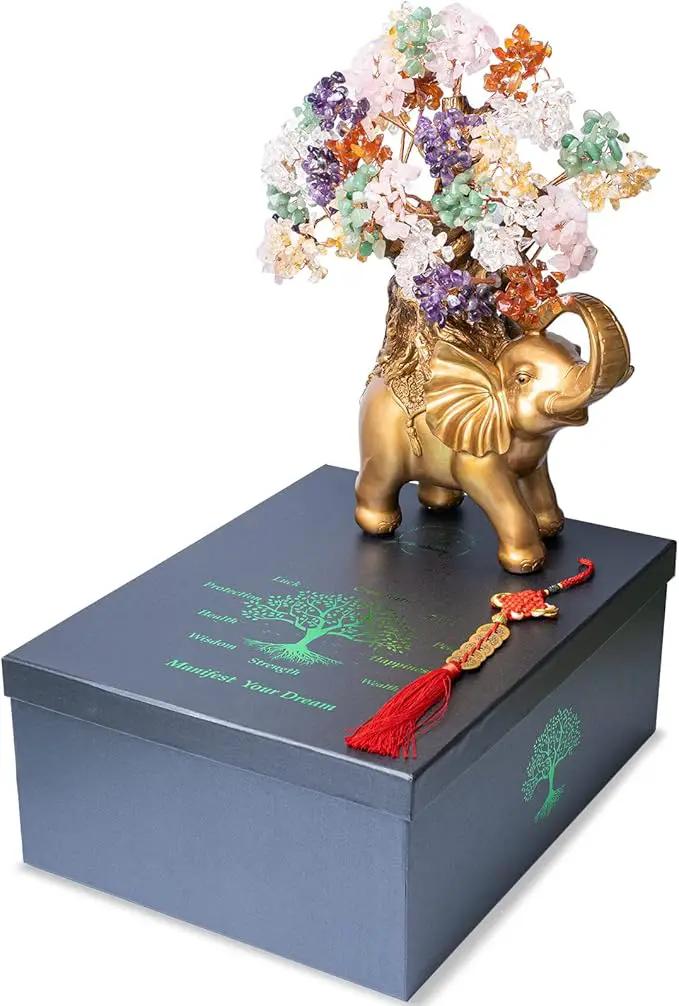 7 Chakra Crystal Money Tree on Gold Elephant Statue, 17”Large Gemstone Bonsai Tree of Life Home Décor Gifts for Wealth Positive Energy, Feng Shui Décor by GreenHaven Gardens