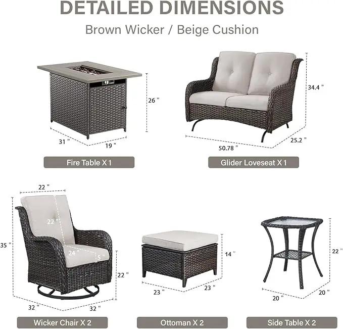 8 Piece Outdoor Patio Furniture Set - 41" CSA Propane Fire Pit Table Patio Conversation Set with Swivel Rocker Outdoor Chairs, Wicker loveseat and Ottoman for Outside Casual Gathering by GreenHaven Gardens