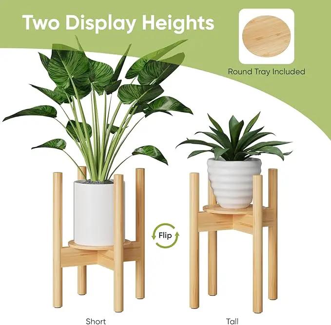 Adjustable Plant Stand, Bamboo Plant Stand Indoor with Tray, Wood Plant Stand for 8 to 12 inches Flower Pots, Single Mid Century Modern Plant Stand for Indoor Plants, Natural by GreenHaven Gardens